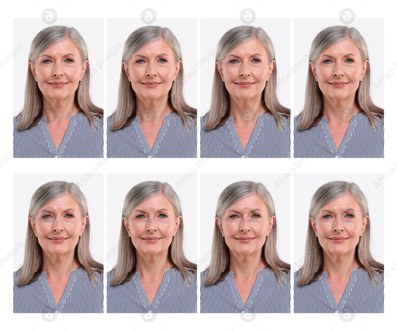 Image of Passport photo, collage. Woman on white background, set of photos