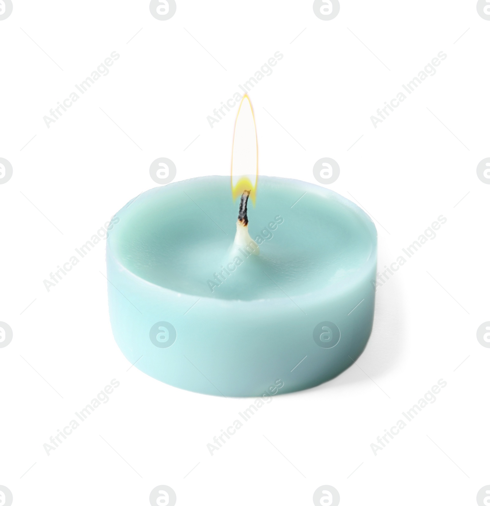 Photo of Light blue wax decorative candle isolated on white