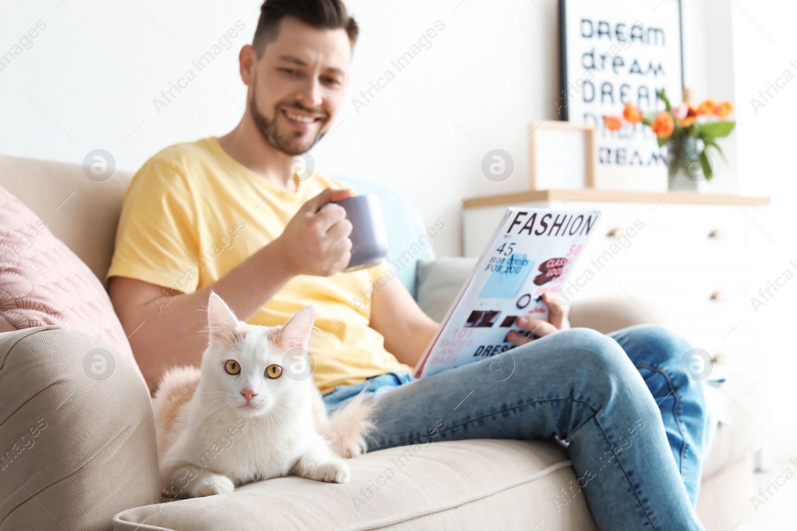 Photo of Young man with cute cat on sofa at home