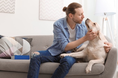 Adorable yellow labrador retriever with owner on couch indoors