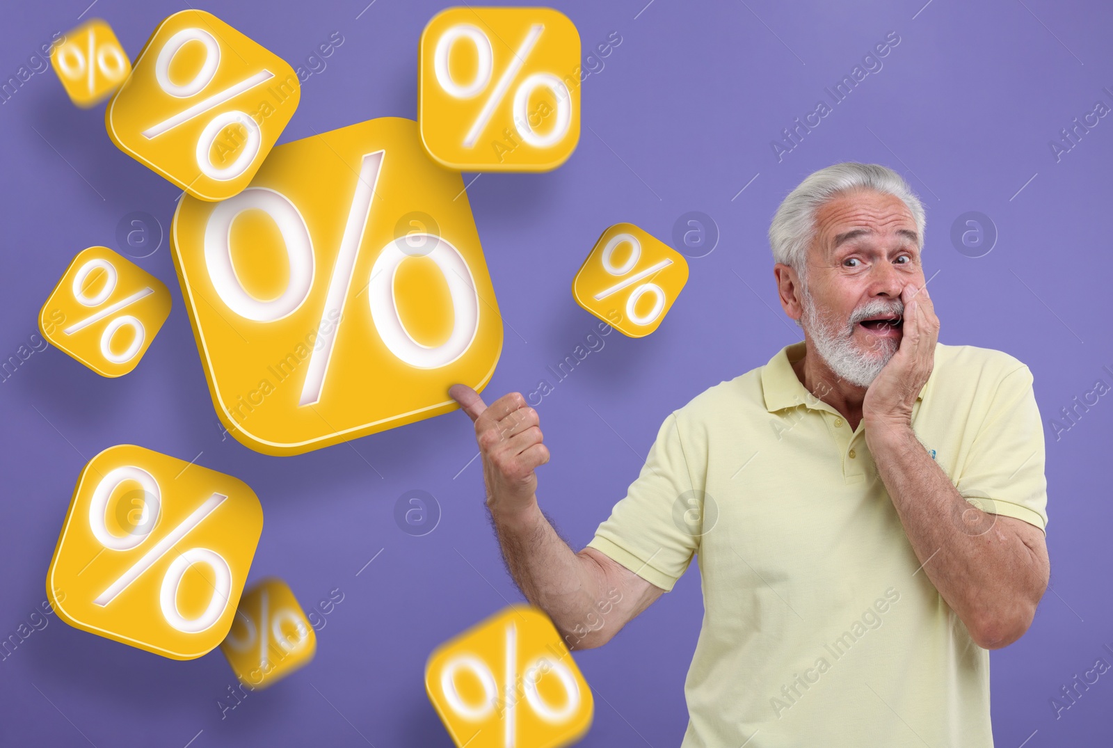 Image of Discount offer. Emotional senior man pointing at falling cubes with percent signs on purple background