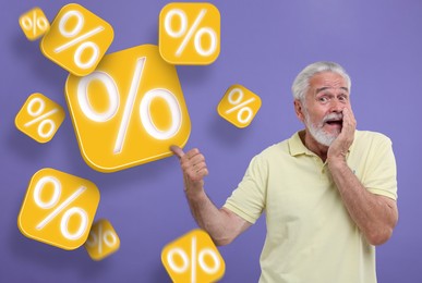 Image of Discount offer. Emotional senior man pointing at falling cubes with percent signs on purple background