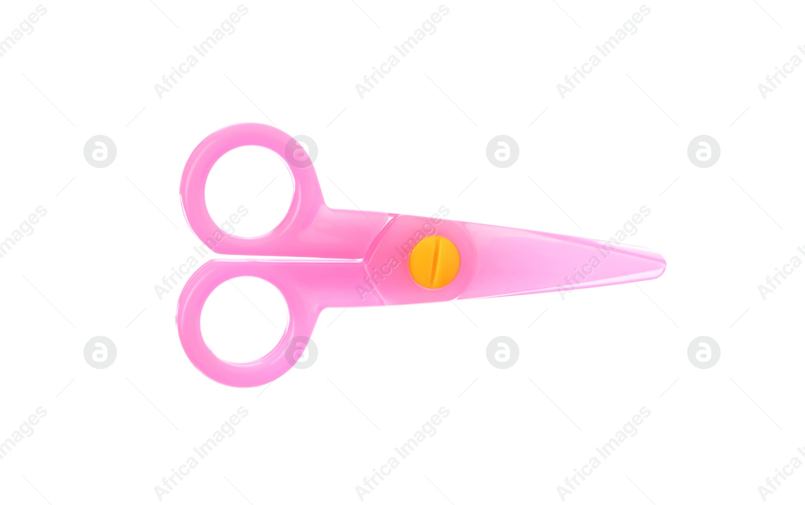 Photo of Colorful plastic scissors on white background. School stationery