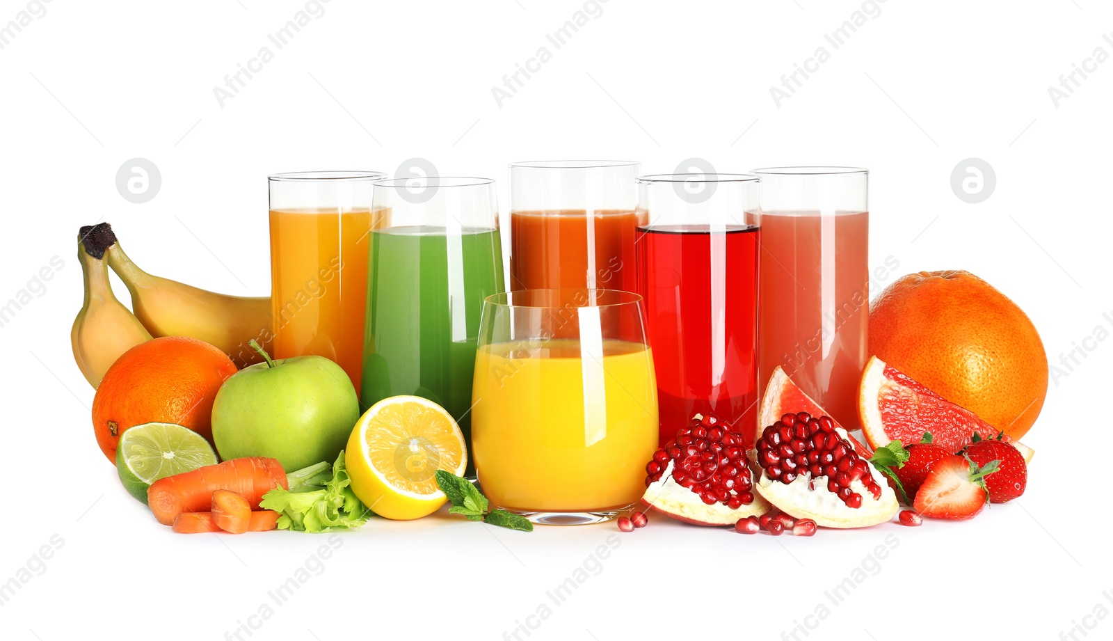 Photo of Glasses with different juices and fresh fruits on white background