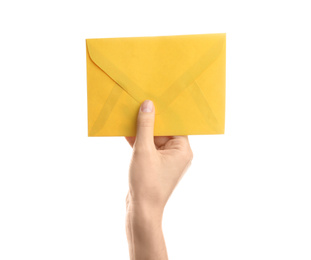 Photo of Woman holding yellow paper envelope on white background, closeup