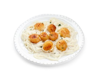 Photo of Delicious scallop pasta in plate isolated on white
