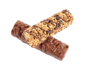 Different protein bars on white background, top view. Healthy snack