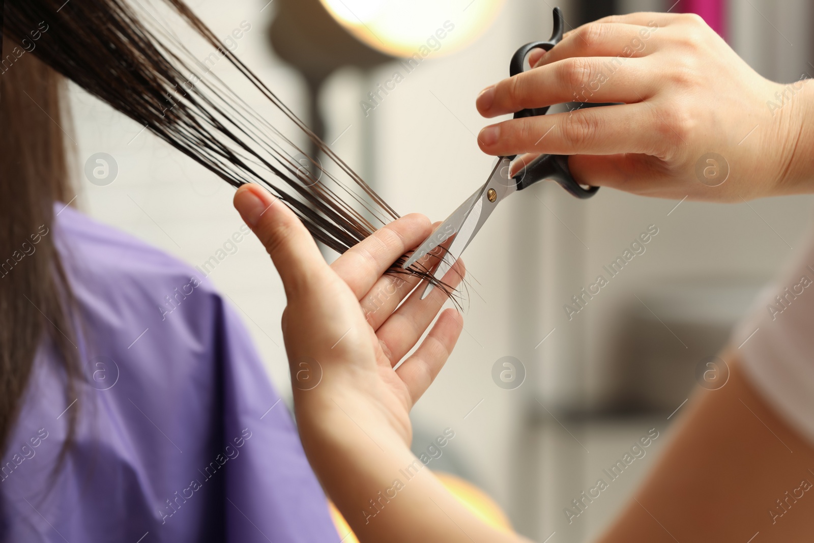 Photo of Professional stylist cutting client's hair in salon, closeup