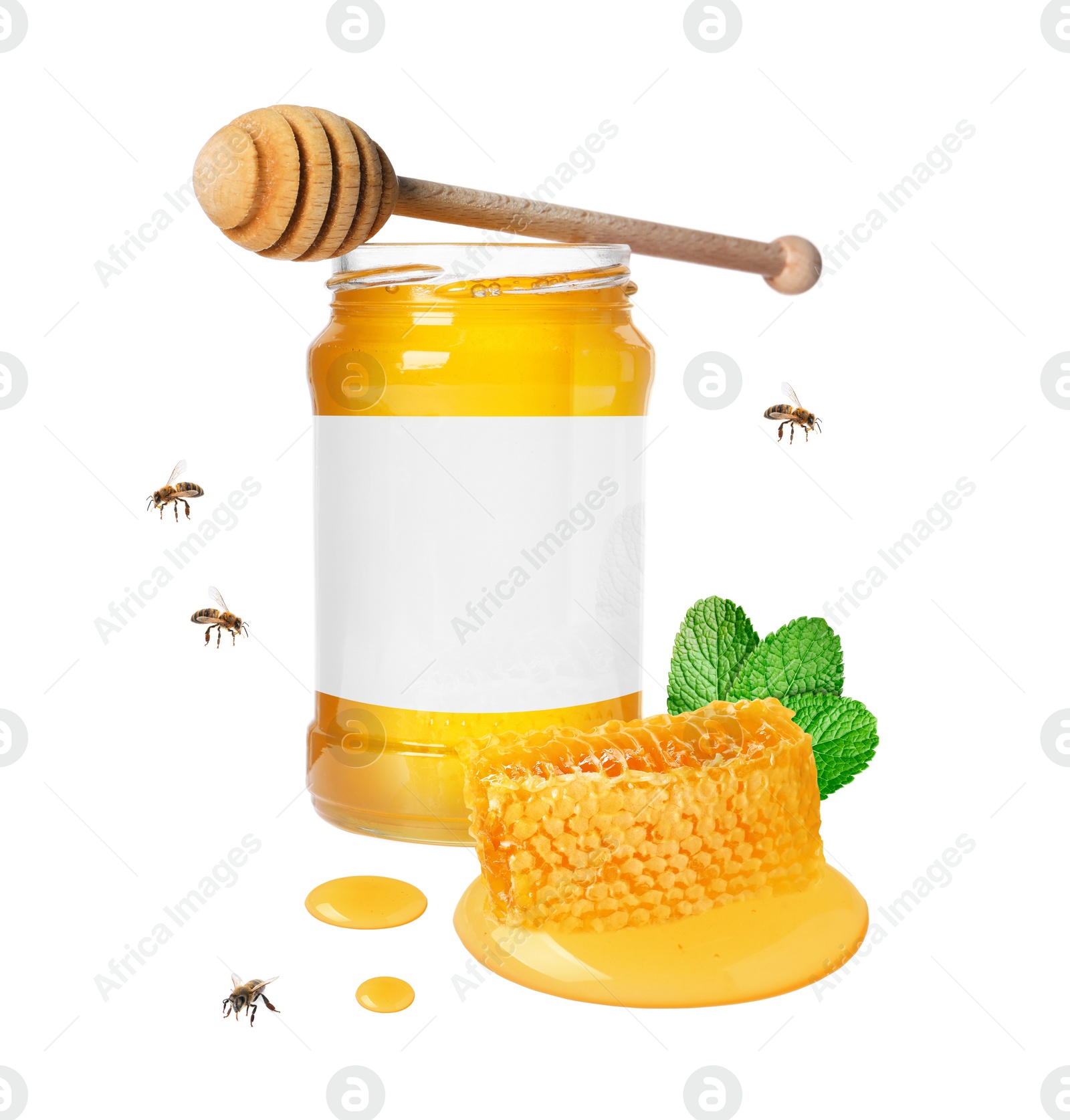 Image of Sweet honey in glass jar with blank label, piece of honeycomb and flying bees on white background. Mockup for design