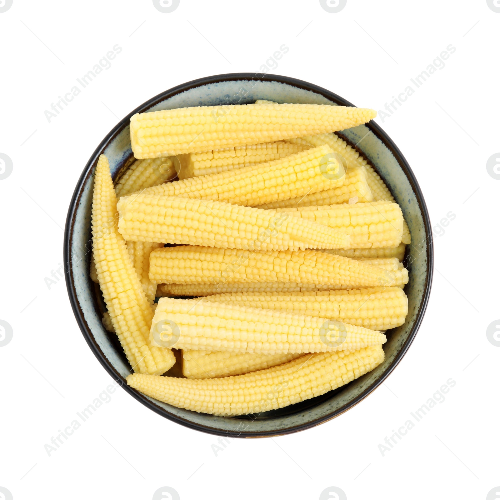 Photo of Fresh baby corn cobs on white background, top view