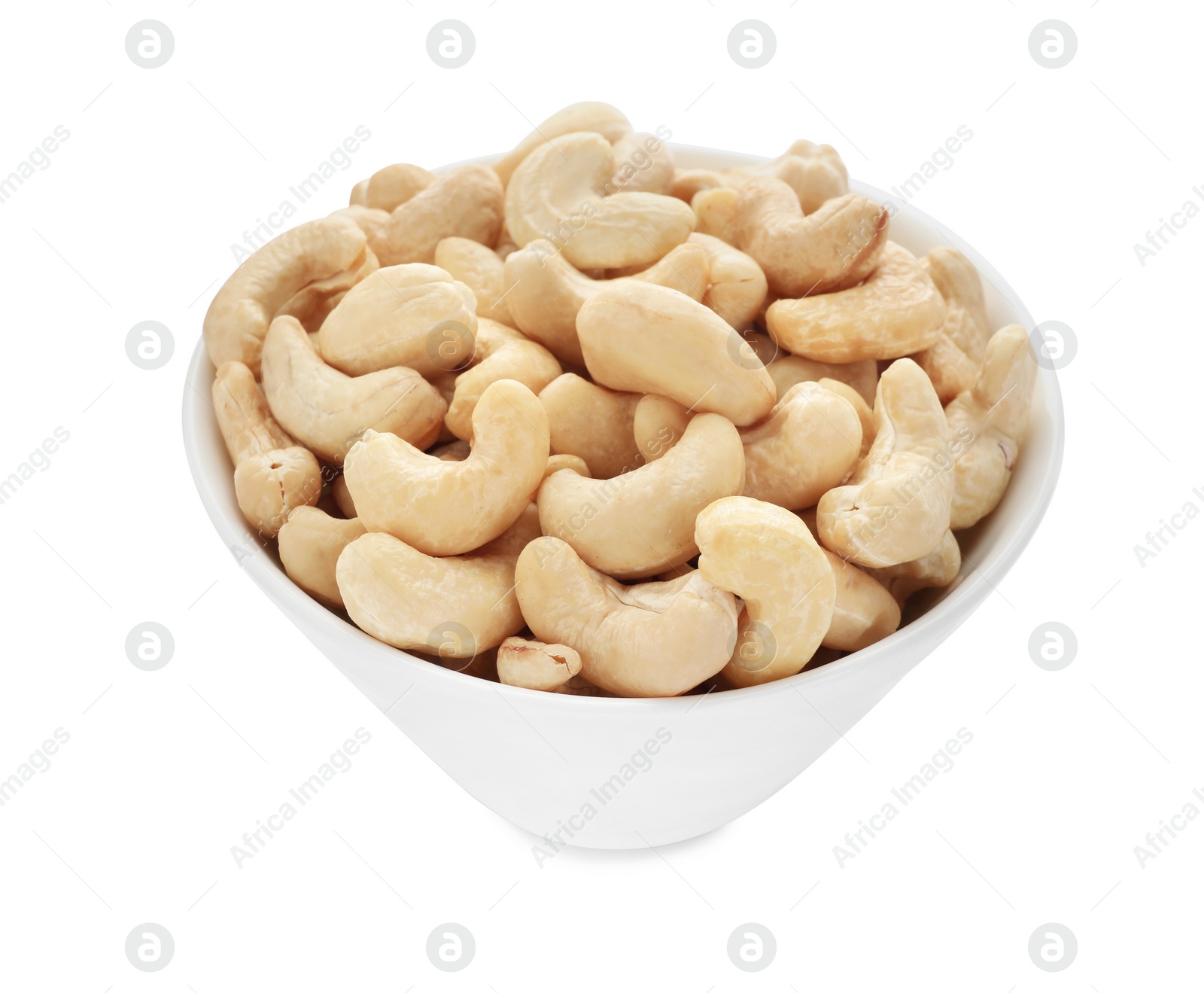 Photo of Bowl of tasty organic cashew nuts isolated on white