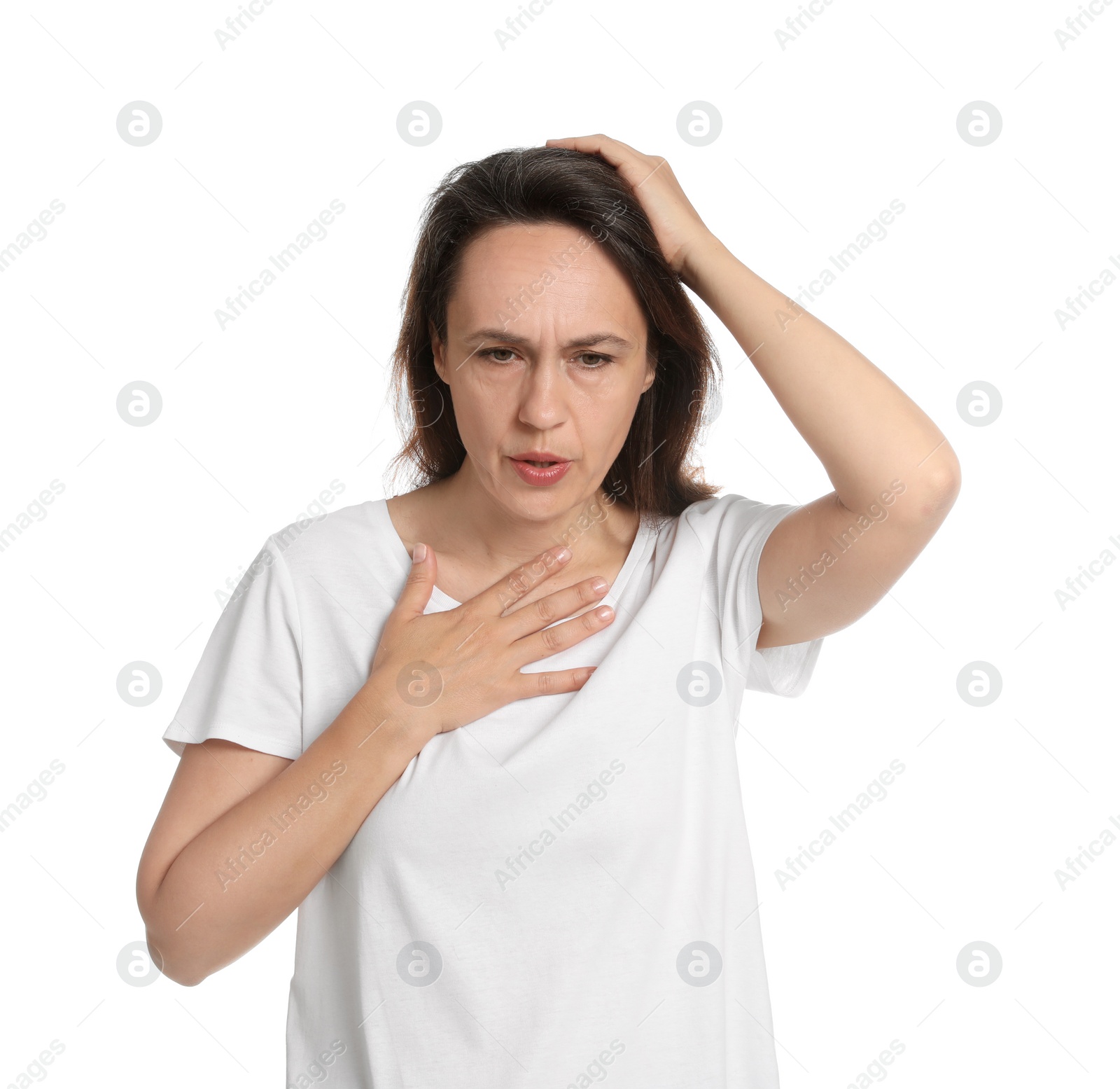 Photo of Mature woman suffering from breathing problem on white background