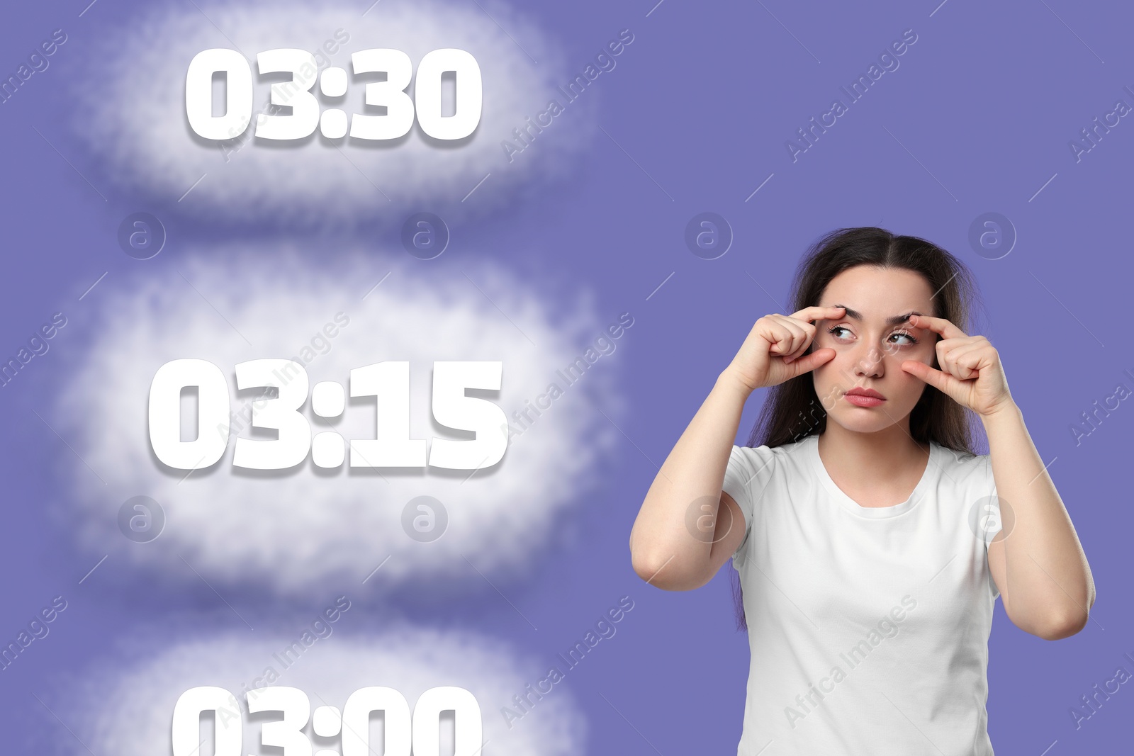 Image of Insomnia problem. Sleepless woman counting time available to sleep on lavender background. Clouds with different time near her