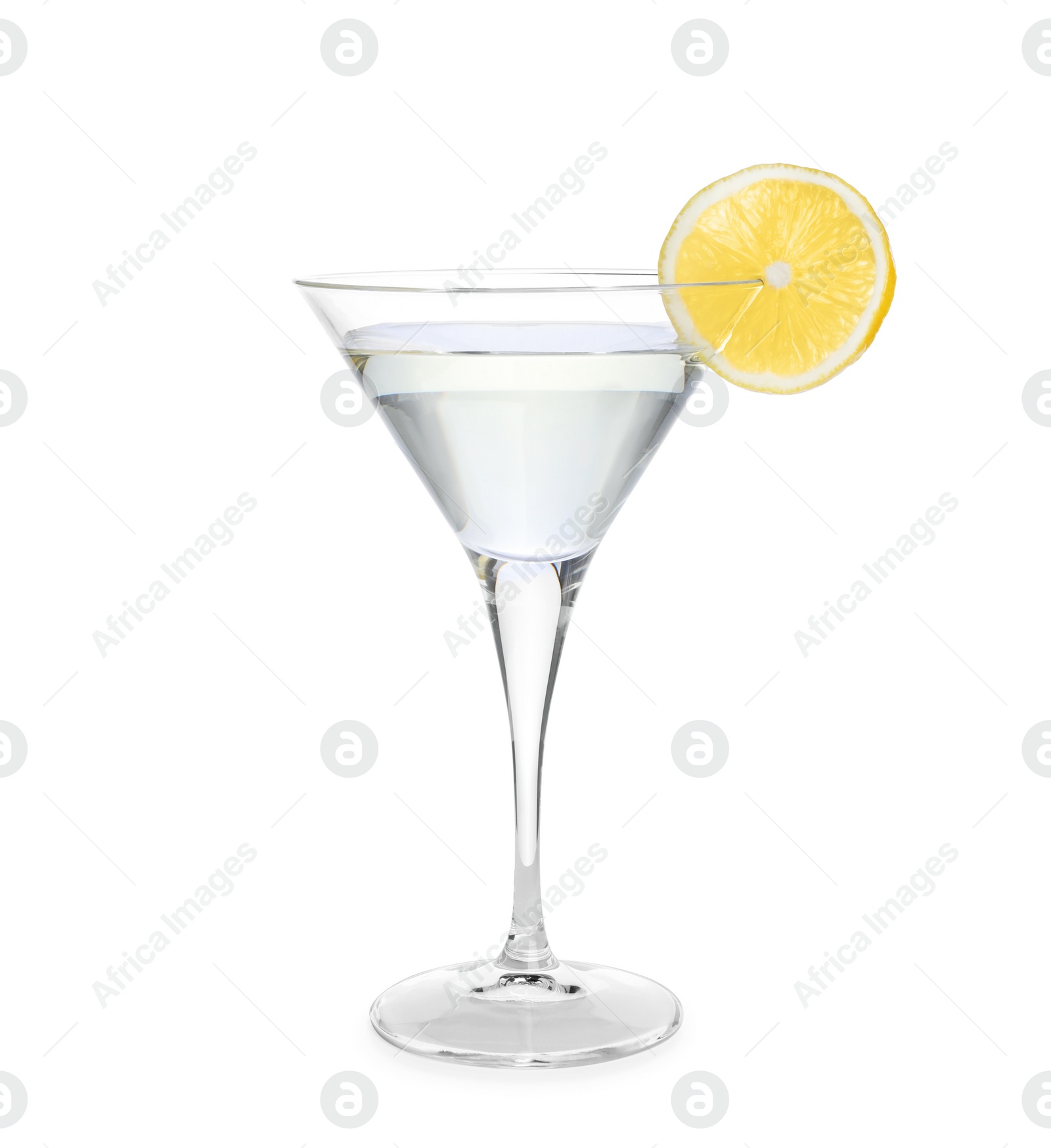 Photo of Martini glass of refreshing cocktail decorated with lemon slice isolated on white