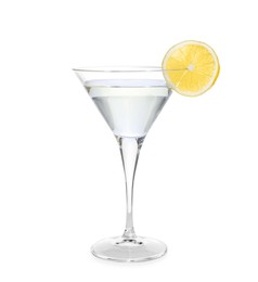 Martini glass of refreshing cocktail decorated with lemon slice isolated on white
