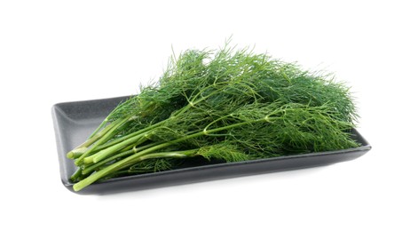 Plate with fresh dill isolated on white