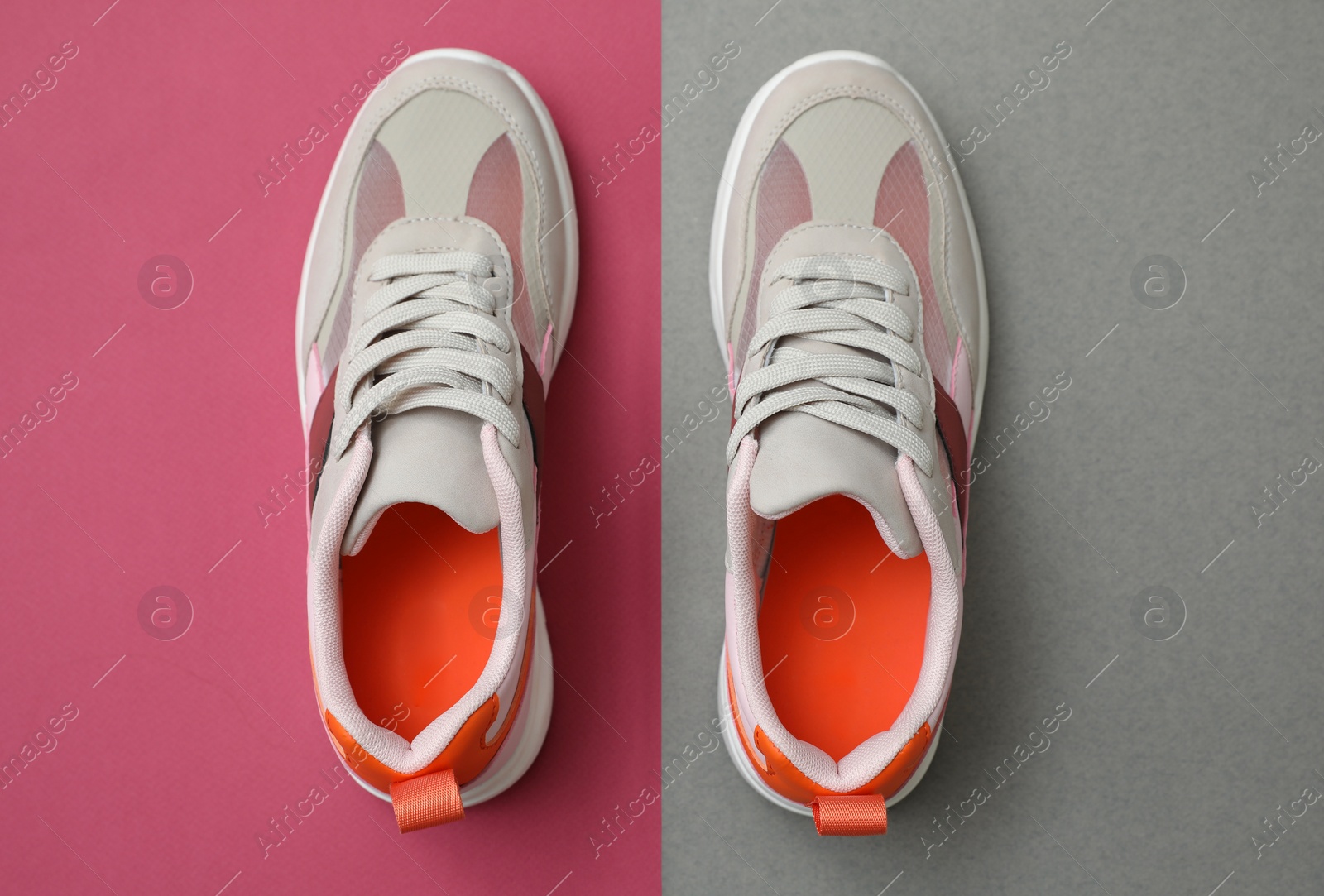 Photo of Stylish women's sneakers on color background, top view