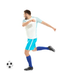 Young man playing football on white background