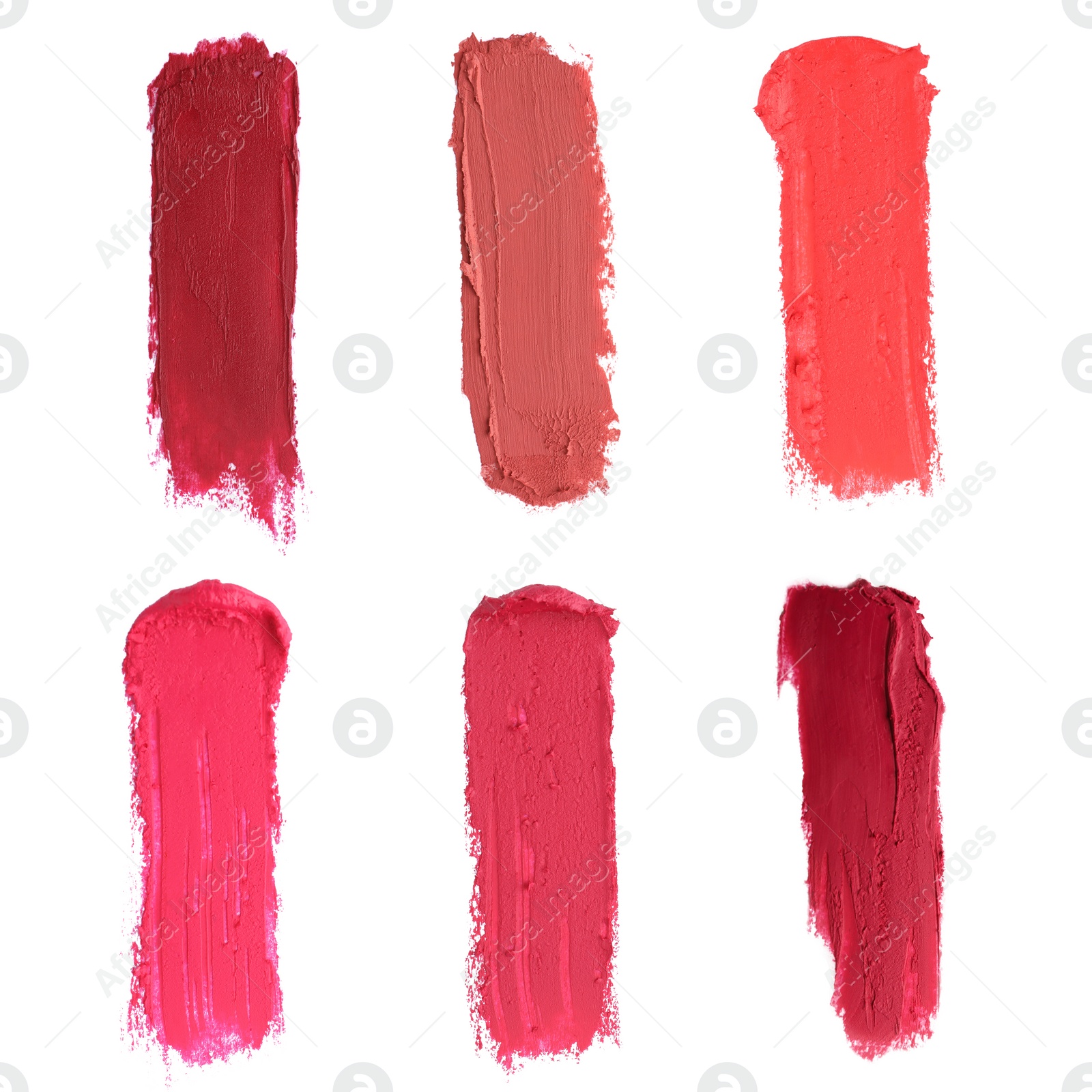 Image of Smears of different beautiful lipsticks on white background, top view