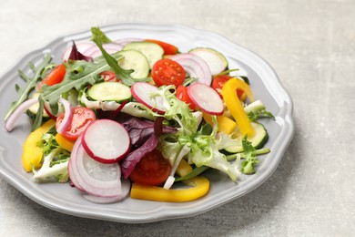 Photo of Balanced diet and vegetarian foods. Plate with different delicious products on grey table, closeup