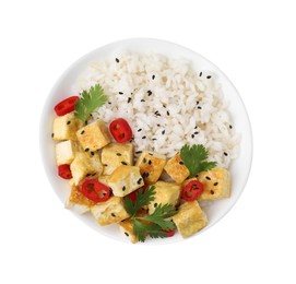 Photo of Bowl of rice with fried tofu, chili pepper and parsley isolated on white, top view