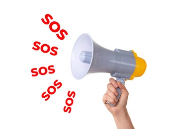 Woman holding megaphone and words SOS on white background. Asking for help