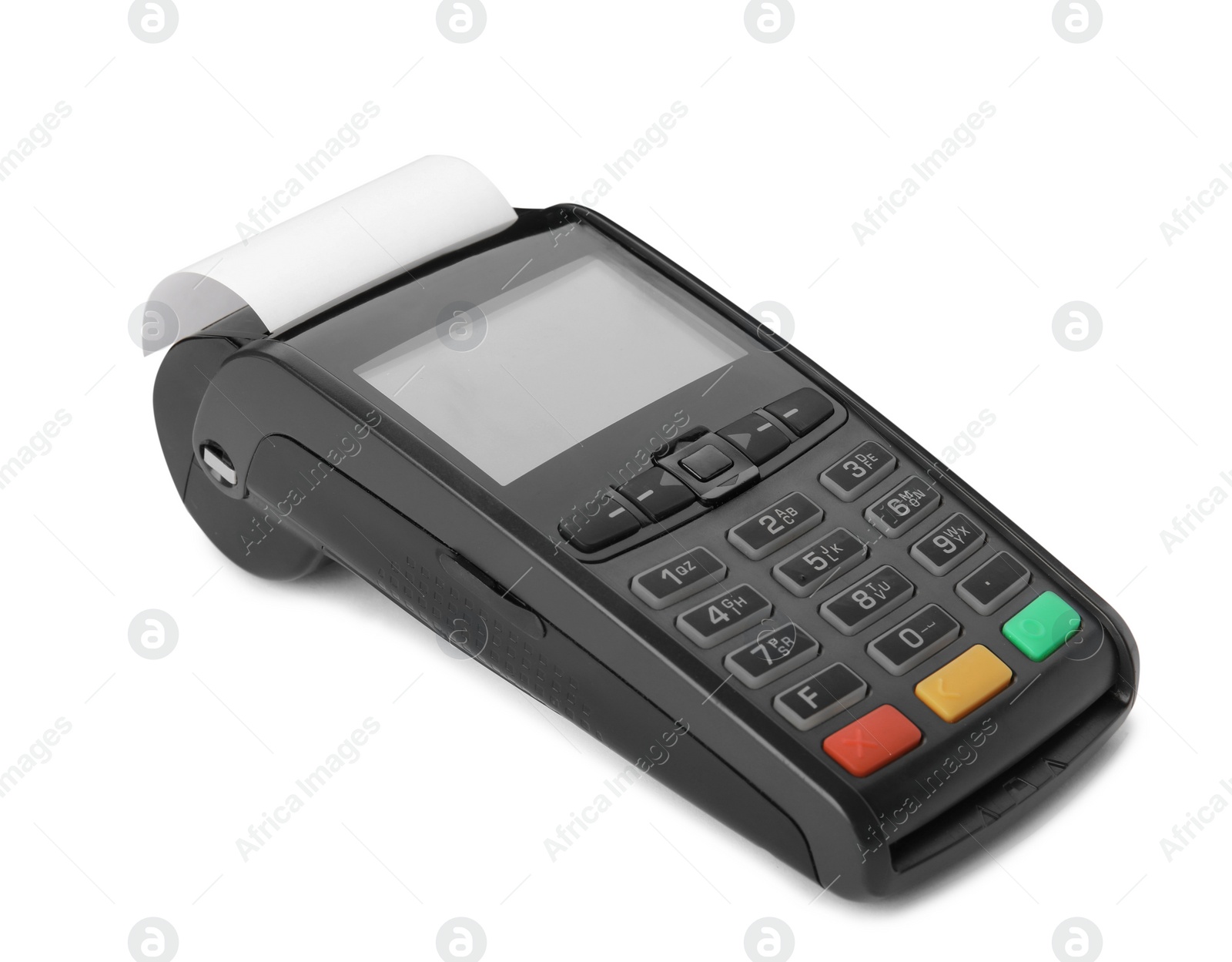 Photo of New modern payment terminal on white background