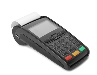 New modern payment terminal on white background