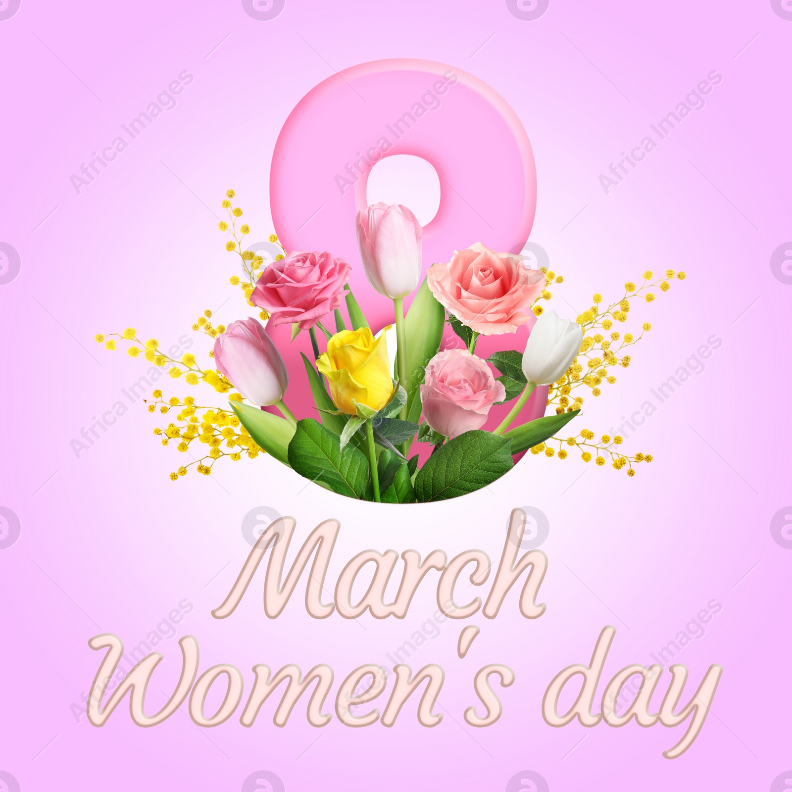 Image of March 8 - International Women's Day. Greeting card design with number 8 and flowers on pink background