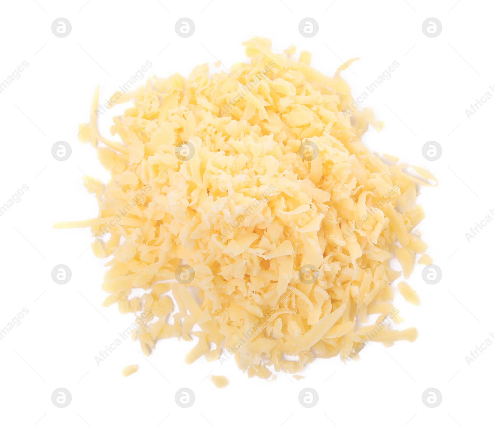 Photo of Pile of tasty grated cheese isolated on white, top view