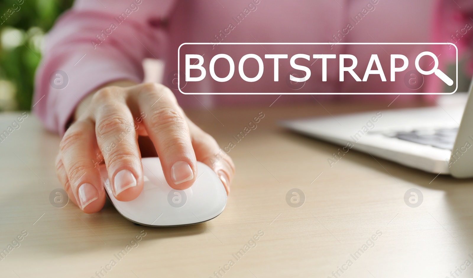 Image of Woman using computer mouse with laptop at table, closeup. Bootstrap button