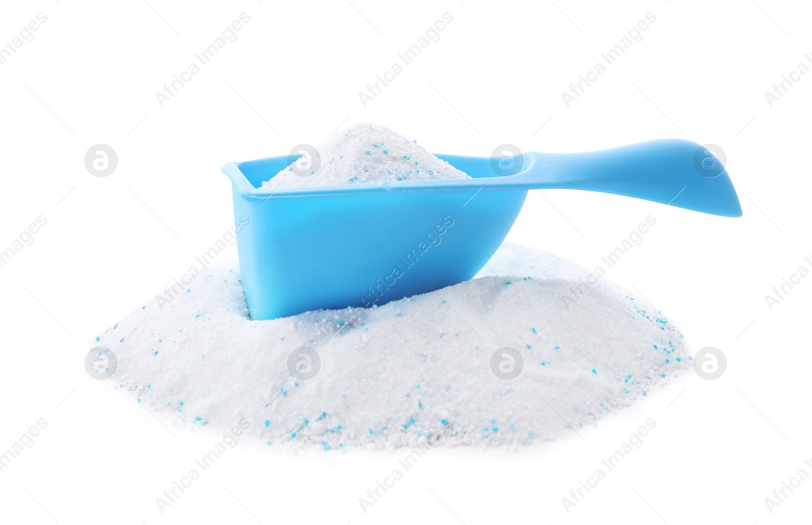 Photo of Laundry detergent in plastic measuring scoop on white background