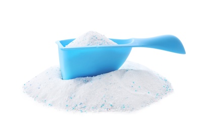 Photo of Laundry detergent in plastic measuring scoop on white background