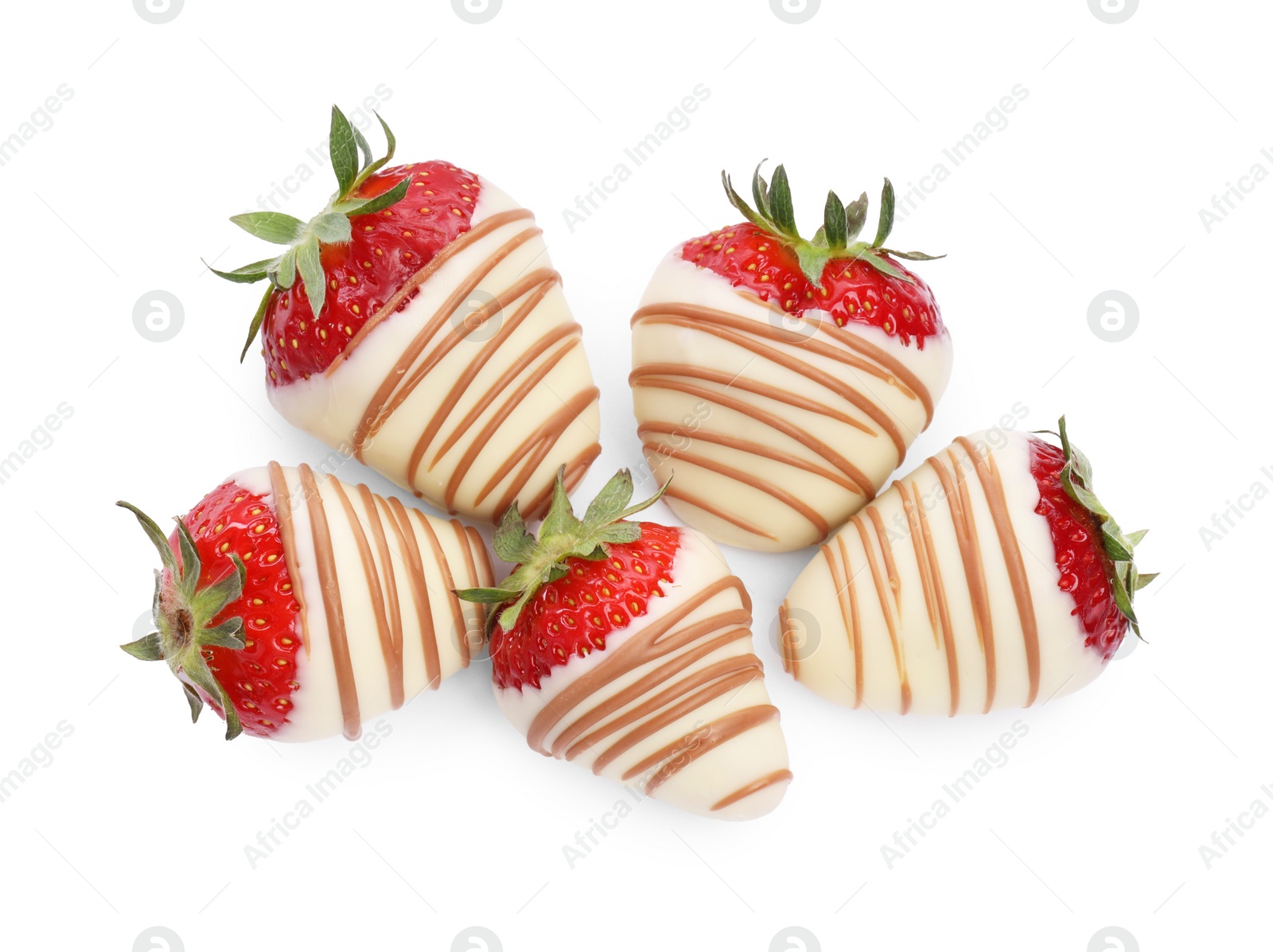 Photo of Delicious chocolate covered strawberries isolated on white, top view