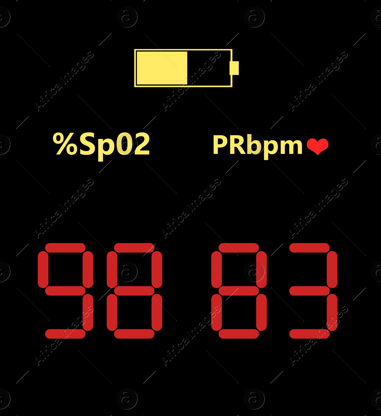 Illustration of Blood oxygen level. Fingertip pulse oximeter display illustration