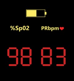 Illustration of Blood oxygen level. Fingertip pulse oximeter display illustration