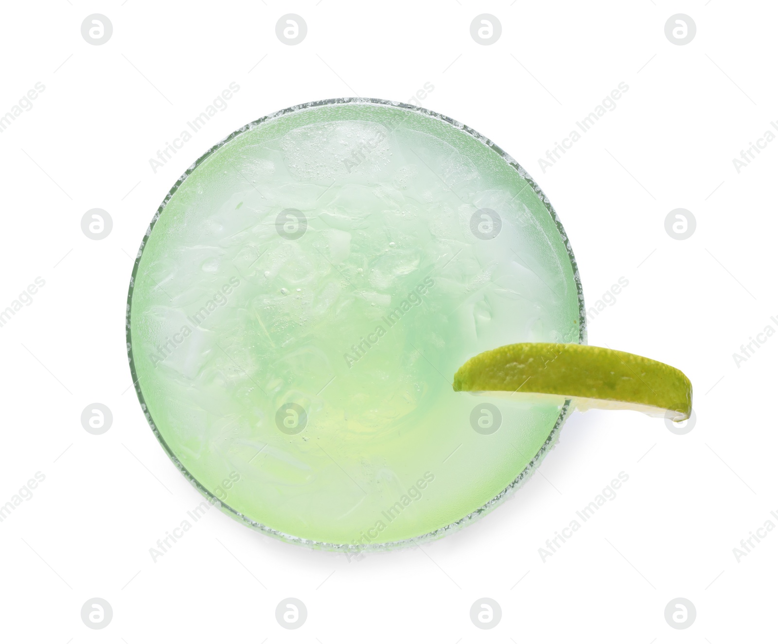 Photo of Delicious Margarita cocktail with ice cubes in glass, salt and lime isolated on white, top view