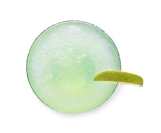 Photo of Delicious Margarita cocktail with ice cubes in glass, salt and lime isolated on white, top view