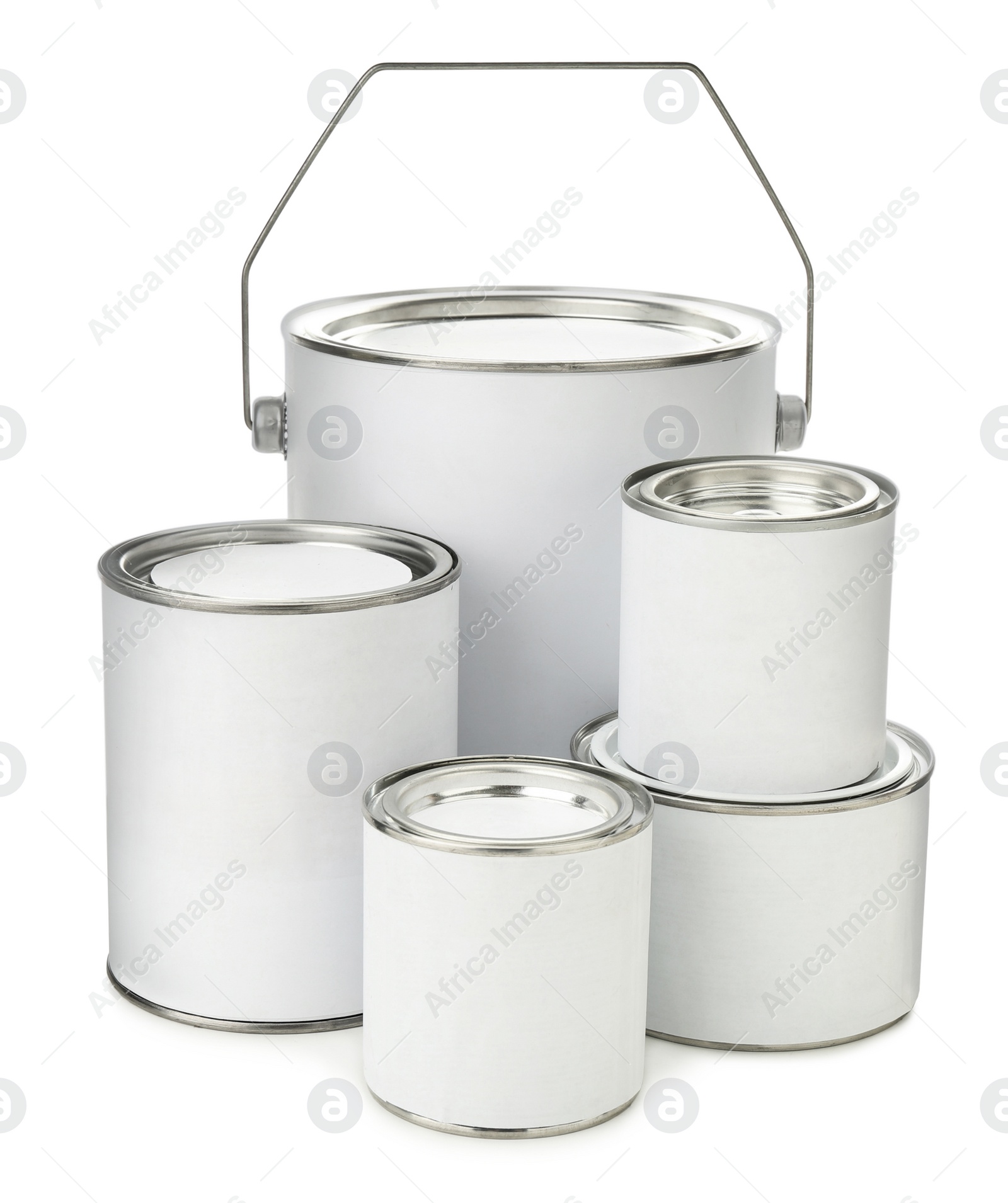 Photo of Closed blank cans of paint isolated on white