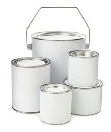 Closed blank cans of paint isolated on white