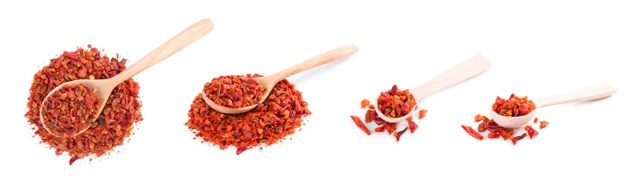 Image of Aromatic spices. Red chili pepper flakes in spoons on white background, set