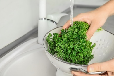 Photo of Woman washing fresh parsley in colander under tap water, closeup