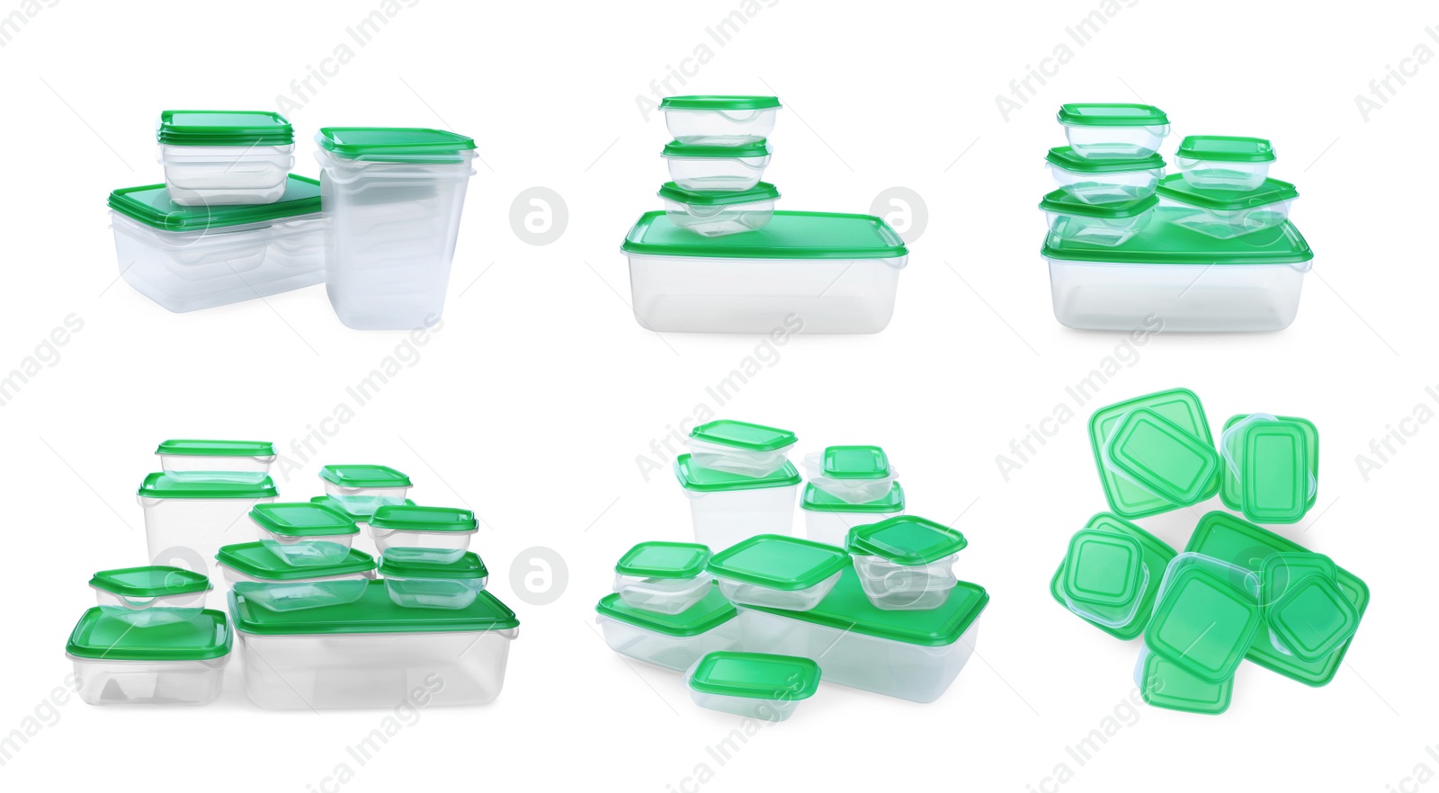 Image of Set with empty plastic containers of different sizes for food on white background