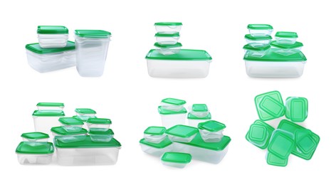 Image of Set with empty plastic containers of different sizes for food on white background