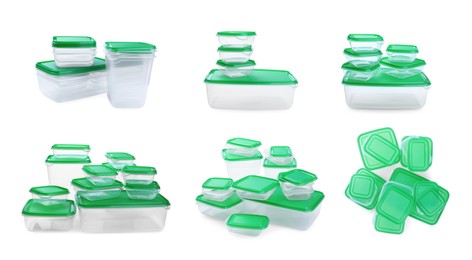 Set with empty plastic containers of different sizes for food on white background