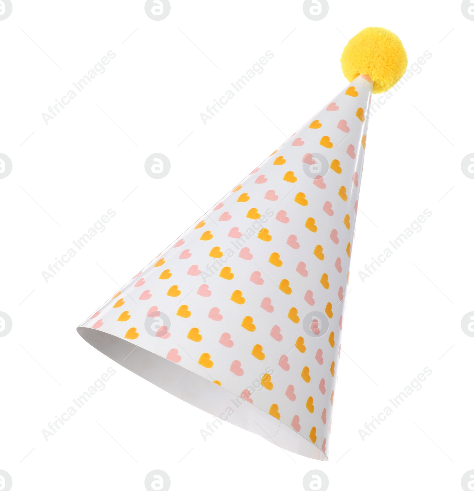 Photo of One party hat with hearts isolated on white