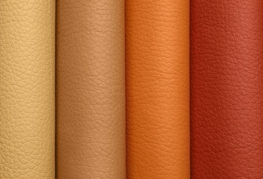 Leather samples of different colors for interior design as background