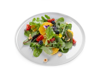 Photo of Delicious salad with tomatoes and orange slices on white background