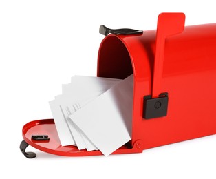 Red letter box with envelopes on white background