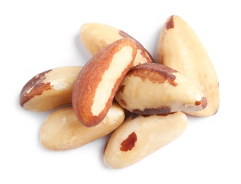 Photo of Delicious Brazil nuts on white background. Healthy snack